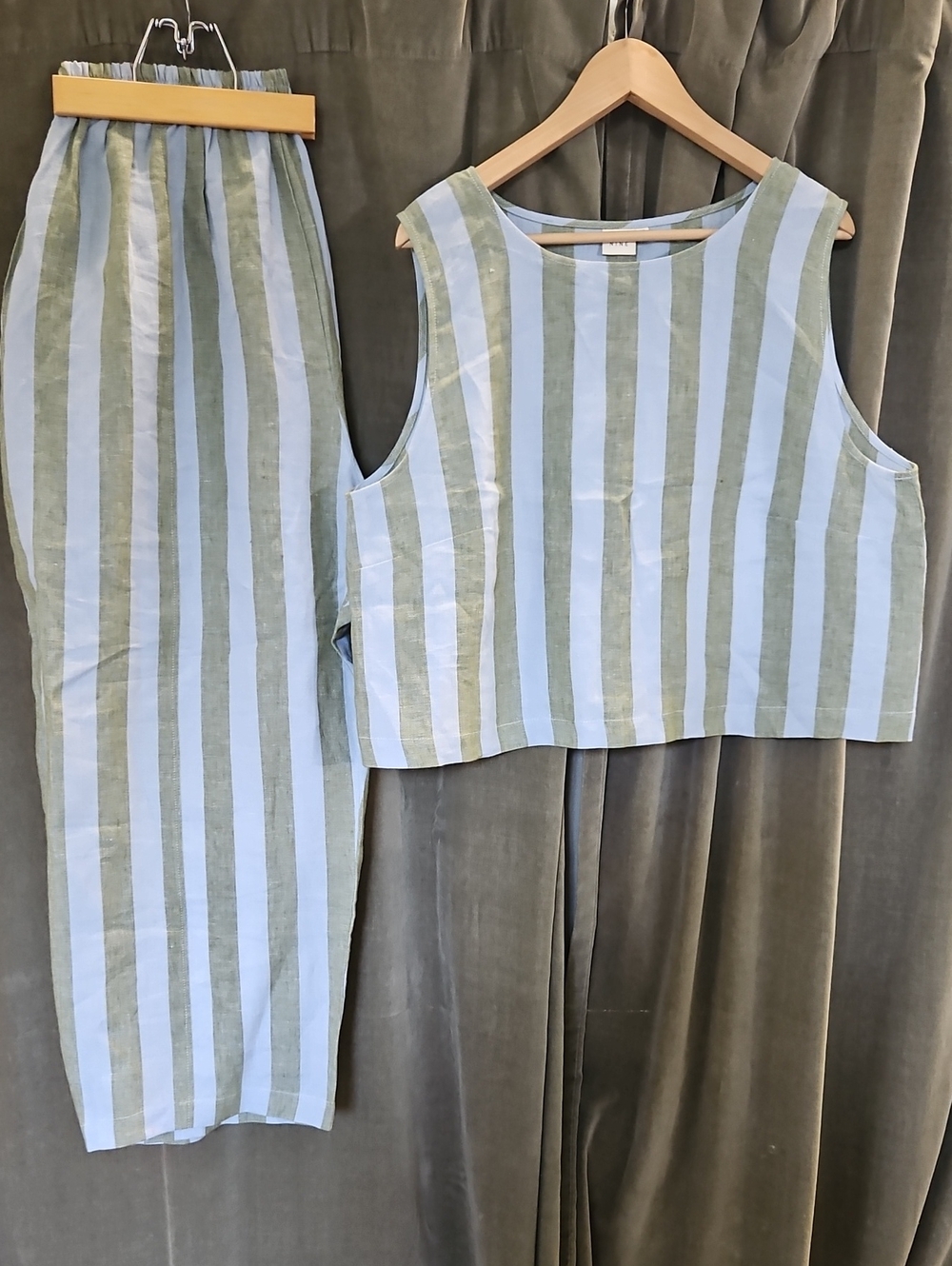 Beyond Nine Set Striped Blue and Olive Sleeveless Top & Pants Set